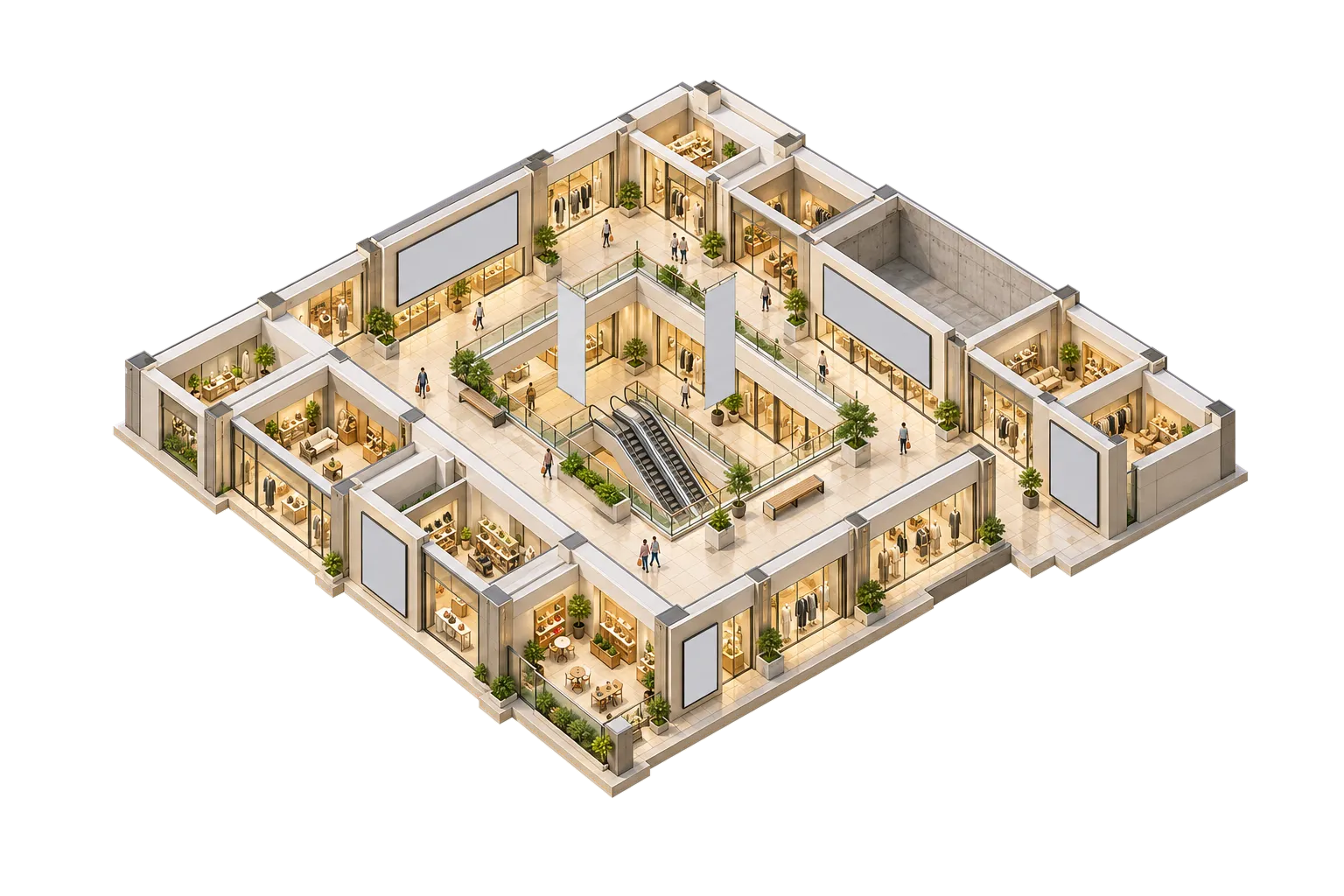 Isometric cutaway of a mall level with ad screens, an atrium escalator and a unit to let