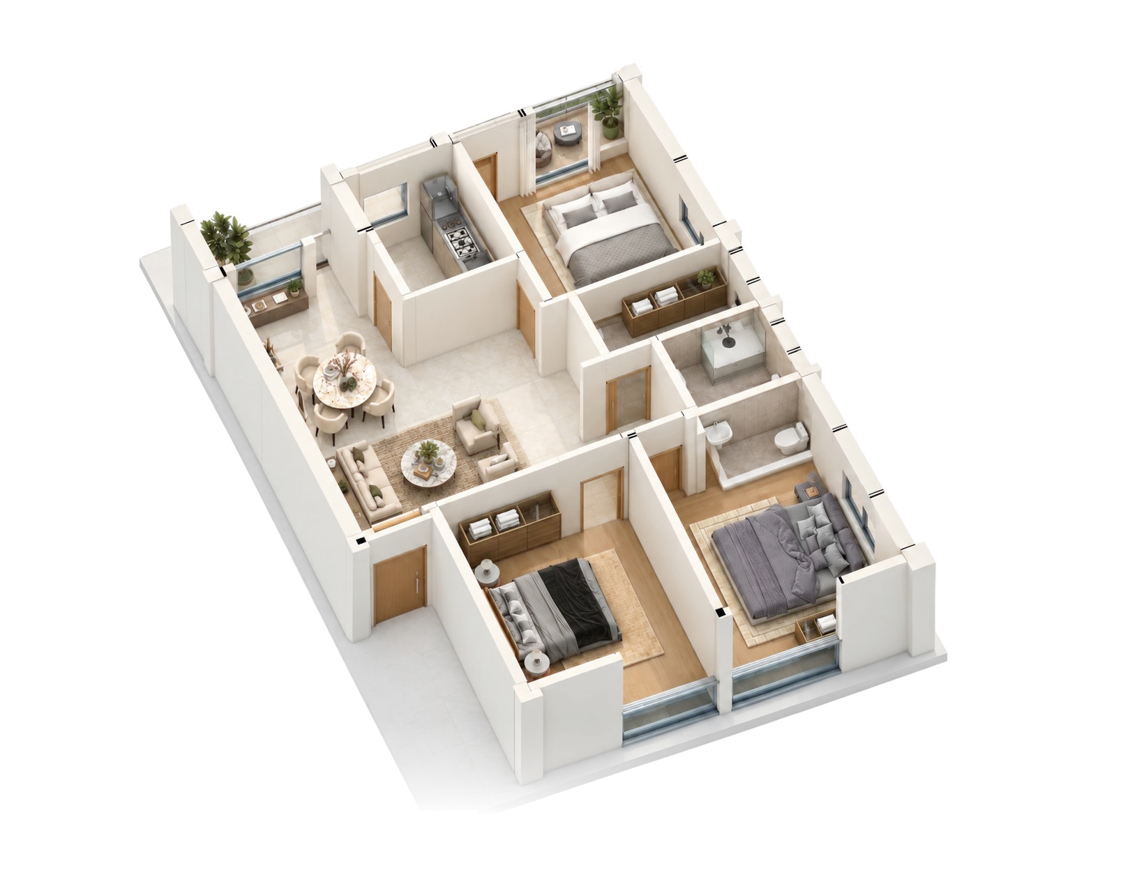 Furnished isometric cutaway of a flat