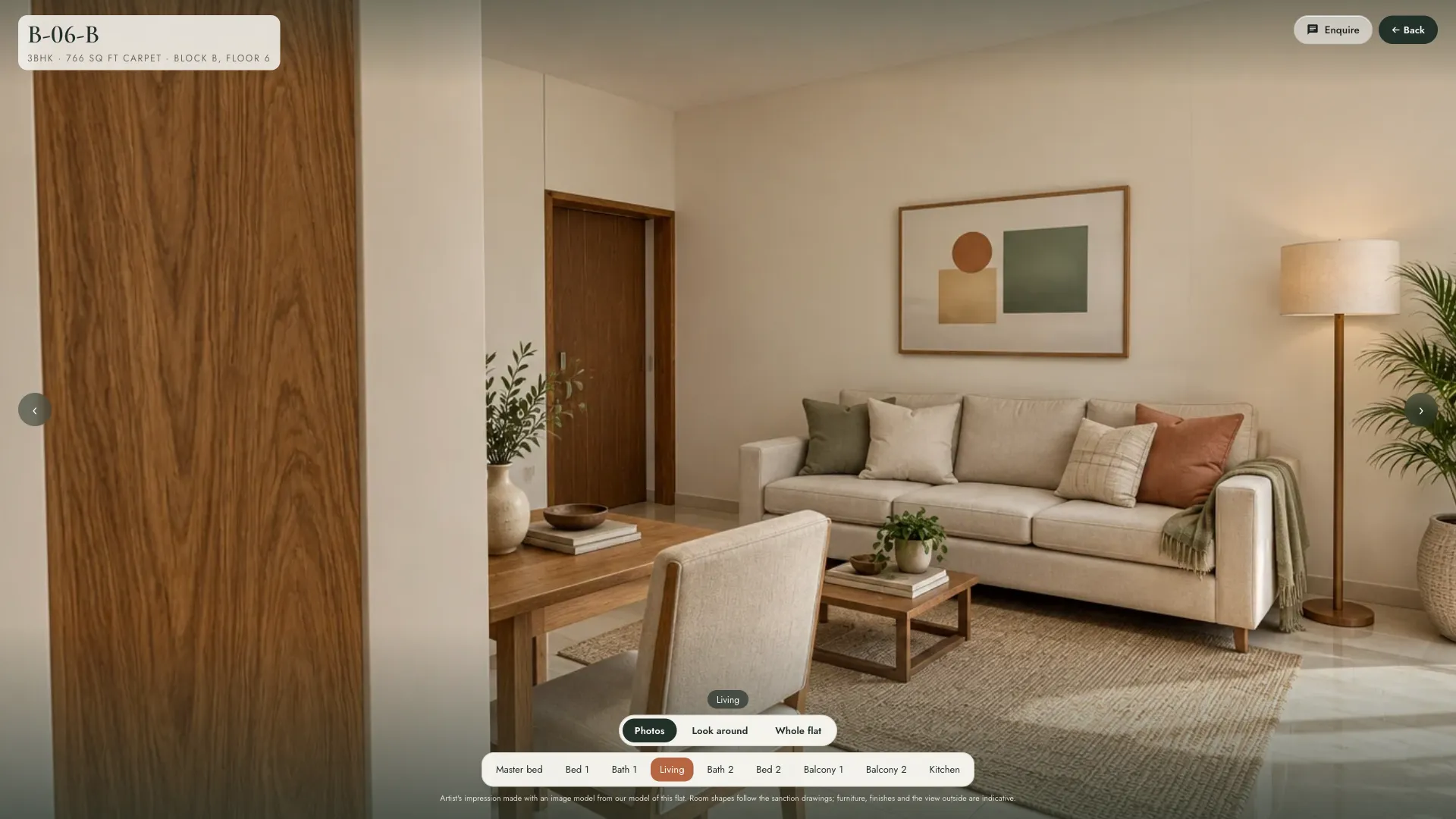 A furnished living room in the walkthrough, with room tabs and an enquire button