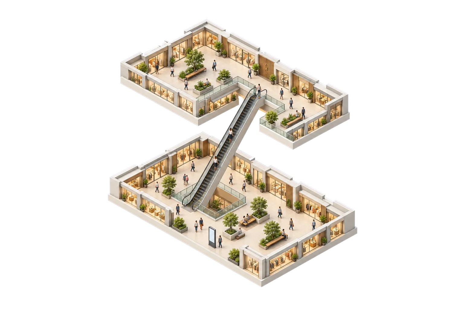 Exploded isometric view of two mall levels joined by an escalator, with a kiosk on level 1
