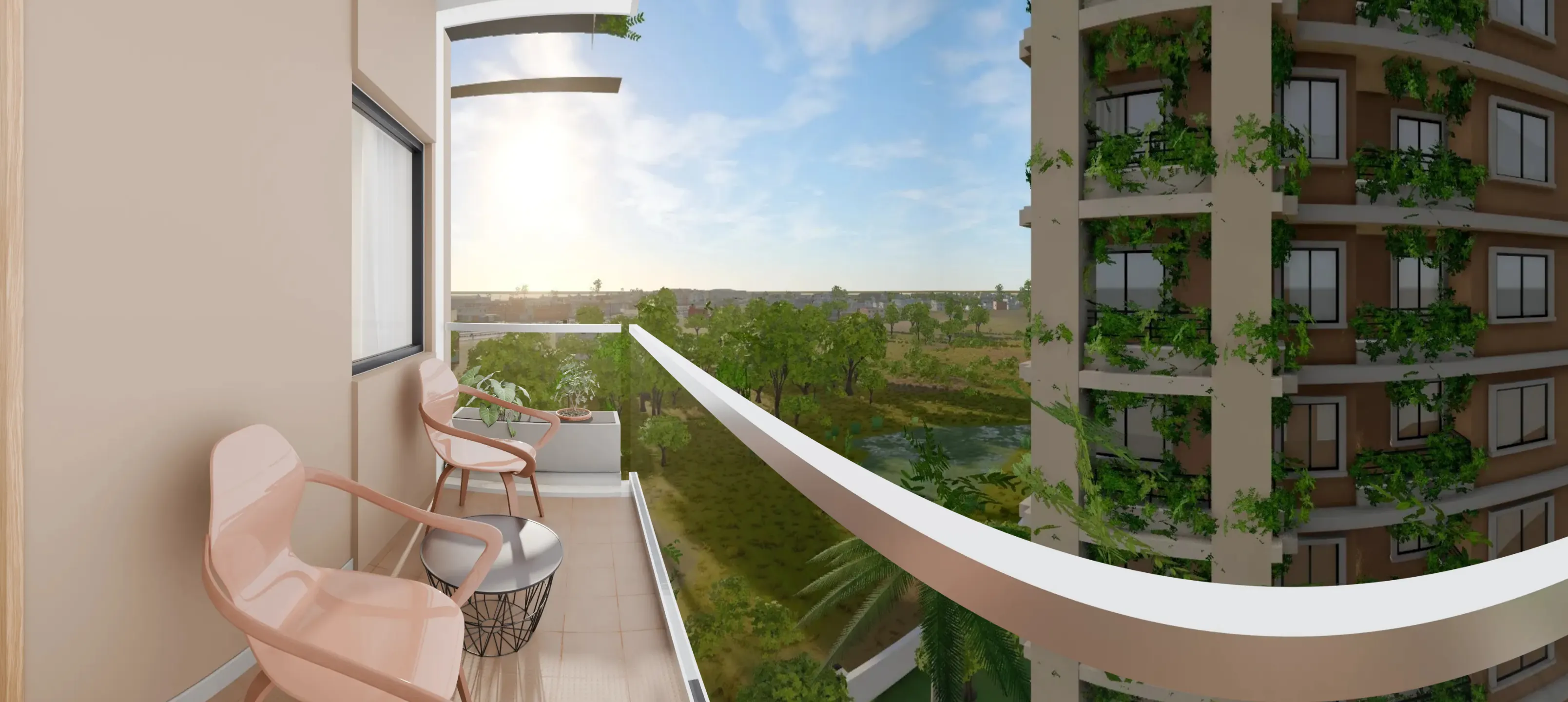 Balcony with two pink chairs and a low table, trees and open land beyond the rail, and the next tower to the right. Artist's impression.
