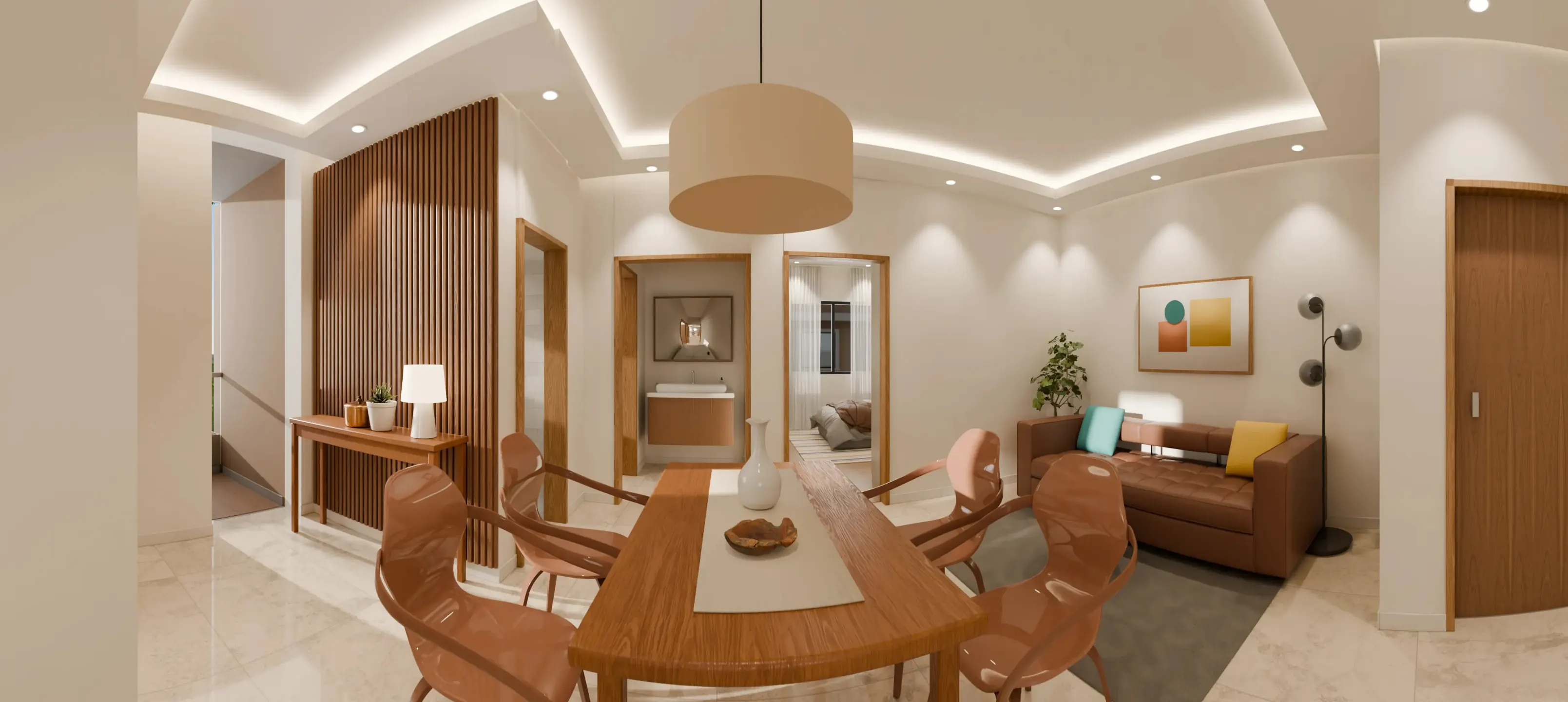 Wooden dining table with four chairs under a pendant lamp, a slatted wood screen on the left and the sofa beyond. Artist's impression.
