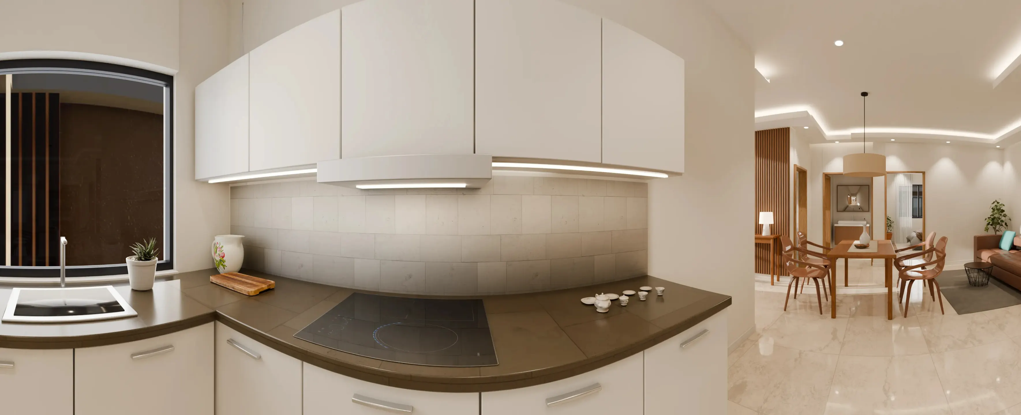 L-shaped kitchen with white cabinets, a dark counter and a window over the sink, opening onto the dining room. Artist's impression.