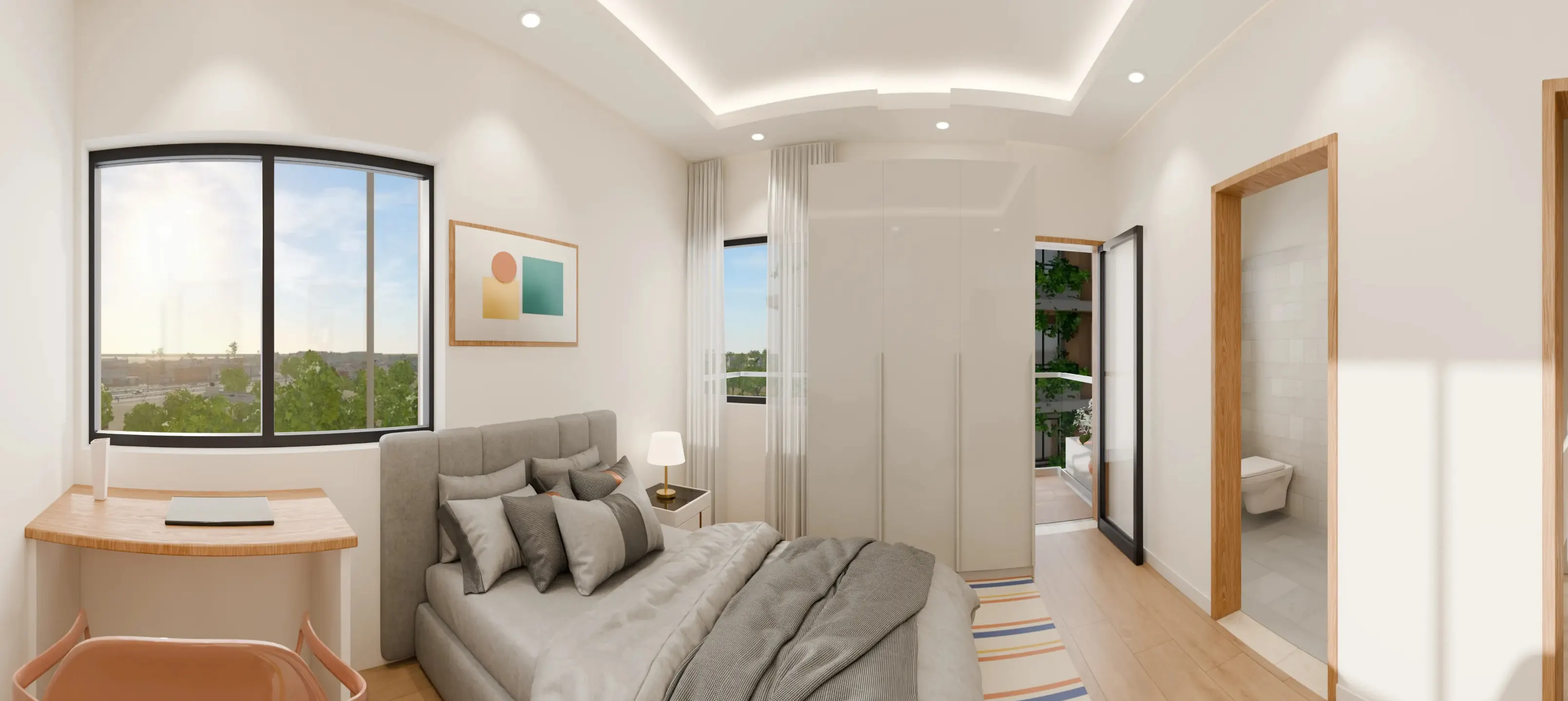 Master bedroom with a queen bed, a striped rug, a desk under the window, a white wardrobe and the door to its bathroom. Artist's impression.